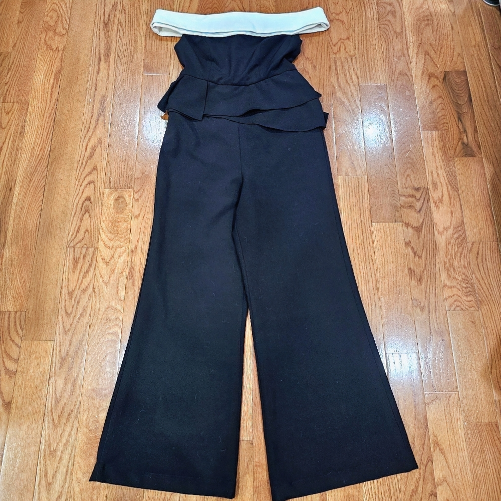 Classic Jay Godfrey Black and White Off-the-Shoulder Jumpsuit